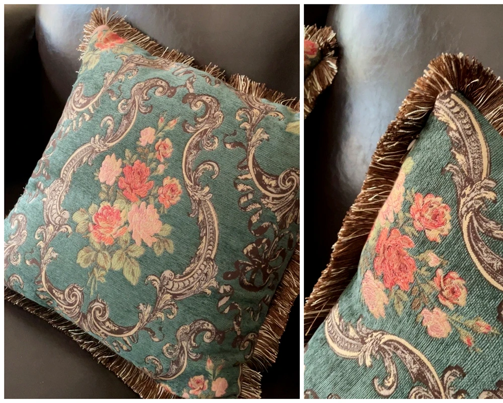 Deluxe Vintage French Rose Dark Green Traditional Floral Chenille Decorative Home Cushion Cover Style Throw Pillow Case 45x45 Cm