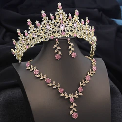 3 pcs Pink Bridal Jewelry Sets for Women Crown Flower Choker Necklace Earring Wedding Tiara Bride Costume Accessories