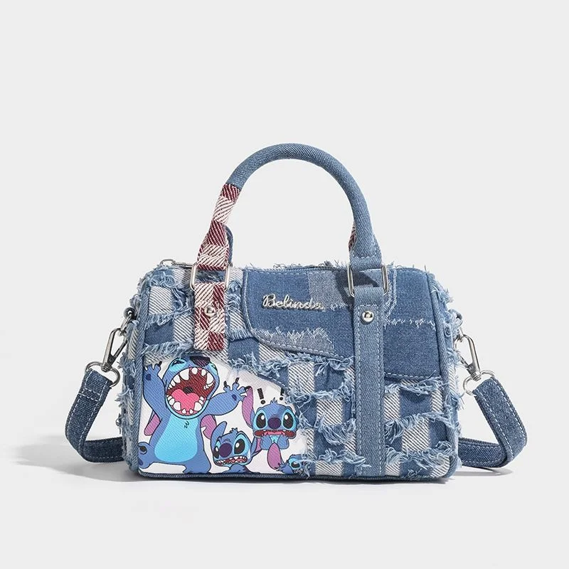 Disney Stitch cute funny handbag cartoon denim plaid splicing fashion versatile simple trend shoulder messenger bag