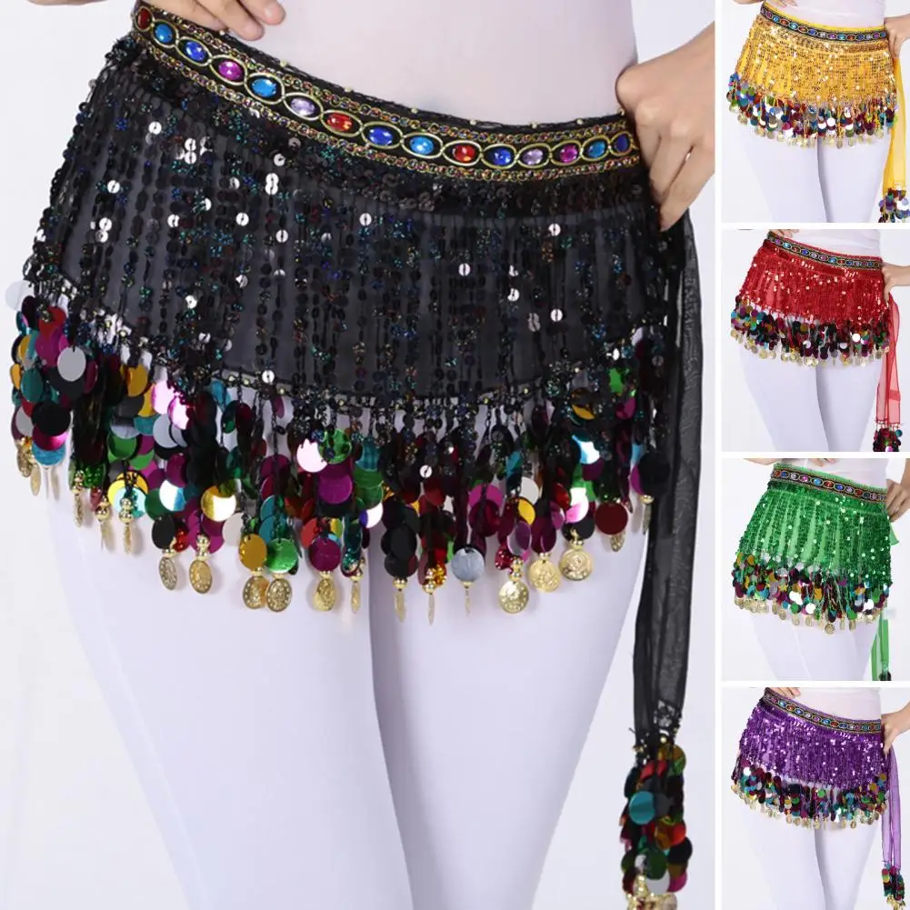 

Belly Dance Costume Exotic Belly Dance Skirt with Sequin Tassel Waist Scarf Lace Wrap for Stage Performance Cosplay Adjustable