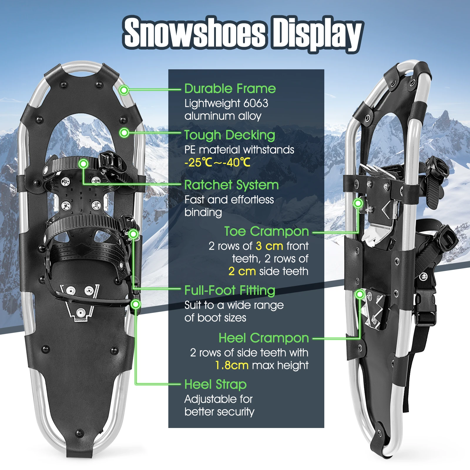 Obrázek 6: Versatile terén snowshoes sada, 53 cm sněžit obuv w/double-ratchet vázací systém, aluminium formulovat, treking poláci