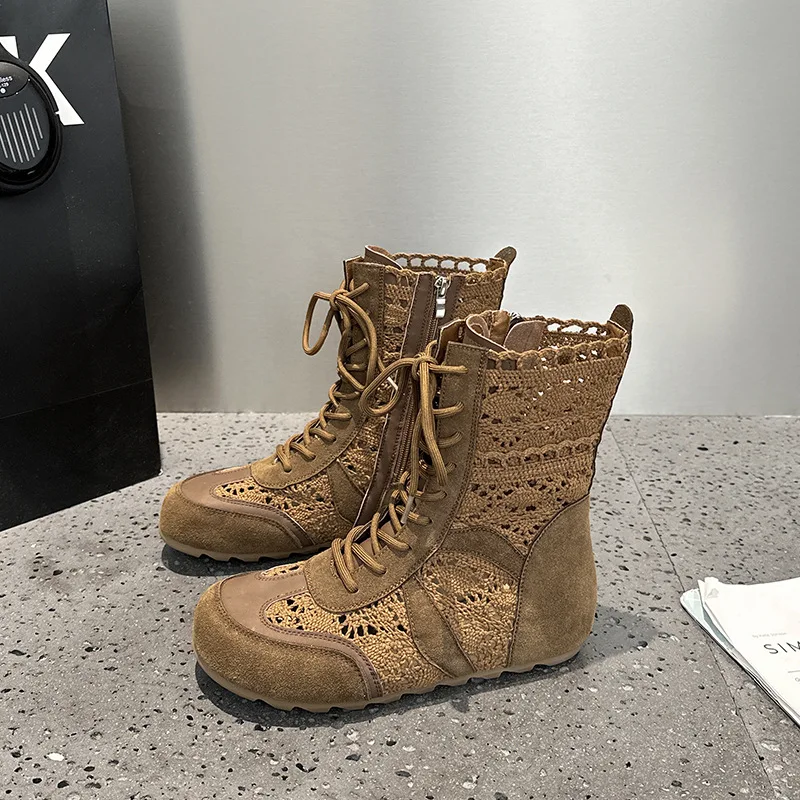 

Retro Women Shoes Exquisite Lace Hollow Out Summer Boots for Woman Luxury Genuine Leather Ankle Boots Designer Shoes Botas Mujer