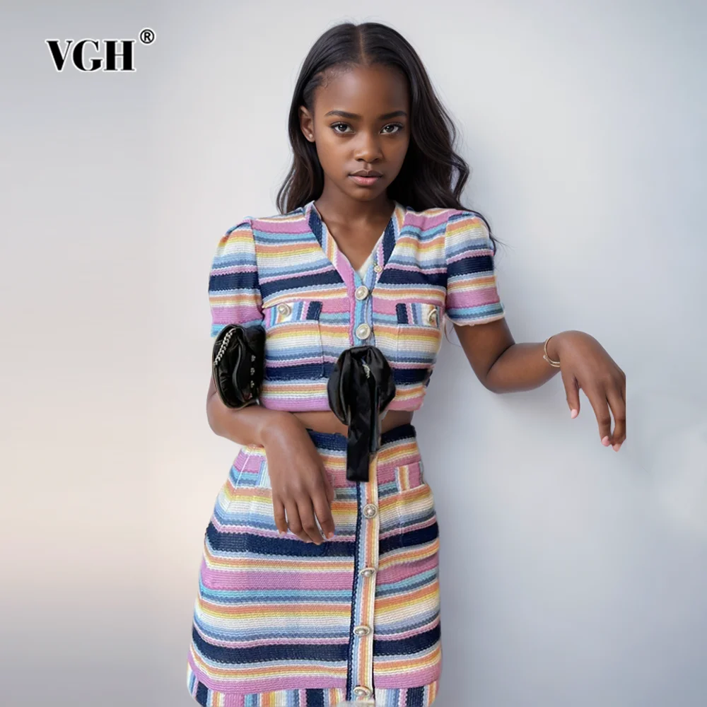 

VGH Hit Color Striped Two Piece Set For Women V Neck Short Sleeve T Shirts High Waist Mini Skirts Slimming Knitting Sets Female