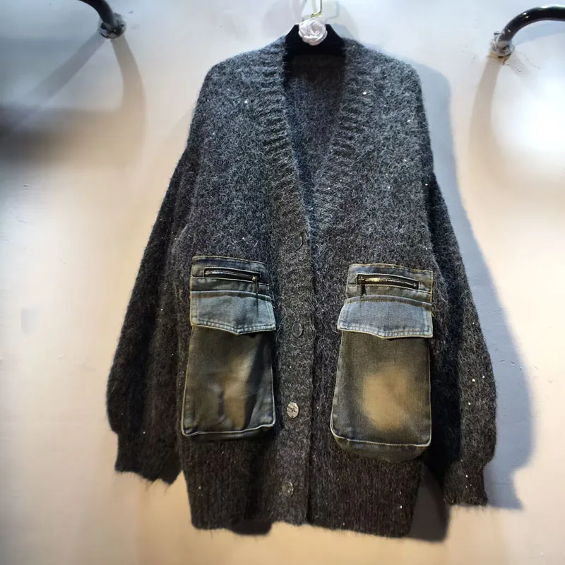 

Women's Cardigan V-neck Patchwork Denim Pockets Loose Long Sleeve Knitted Sweater Jacket New Autumn Winter Fashion F544