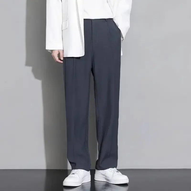 

Korean Men Pants Summer Ice Silk Casual Long Pants Elastic Waist Elegant Suit Trousers Straight Wide Leg Business Pants Y2k