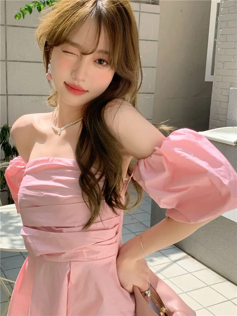 Luxury Elegant Woman Green Off-the-shoulder Blouse Summer Bubble Sleeve Crop Top Ruffle Hem Casual Short Shirt