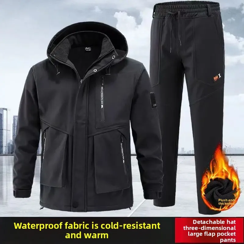 2025 야외 플리스 안감 스포츠 캐주얼 작업복 트레이닝 소프트 쉘 수트 방수 방풍 따뜻한 레저 야외복 세트