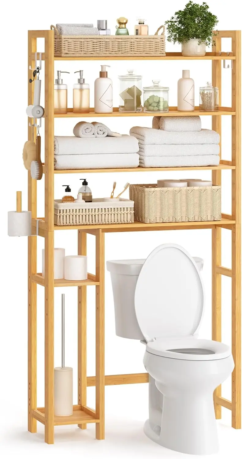 Over The Toilet Storage Shelf with Toilet Paper Holder Bamboo Bathroom Organizer with Adjustable Shelves 4 Hooks Storage Rack