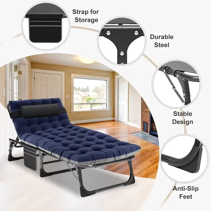 5 Position Collapsible Metal Frame Lounger Camping Bed Foldable Beach Pool Sunbathing Chair Outdoor Relaxing Furniture