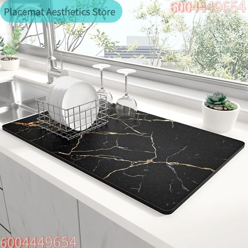 Marble Texture Kitchen Drying Mat Non-Slip Heat Resistant Countertop Pad Modern Home Decor Sink Mat for Dishes Glasses Cutlery