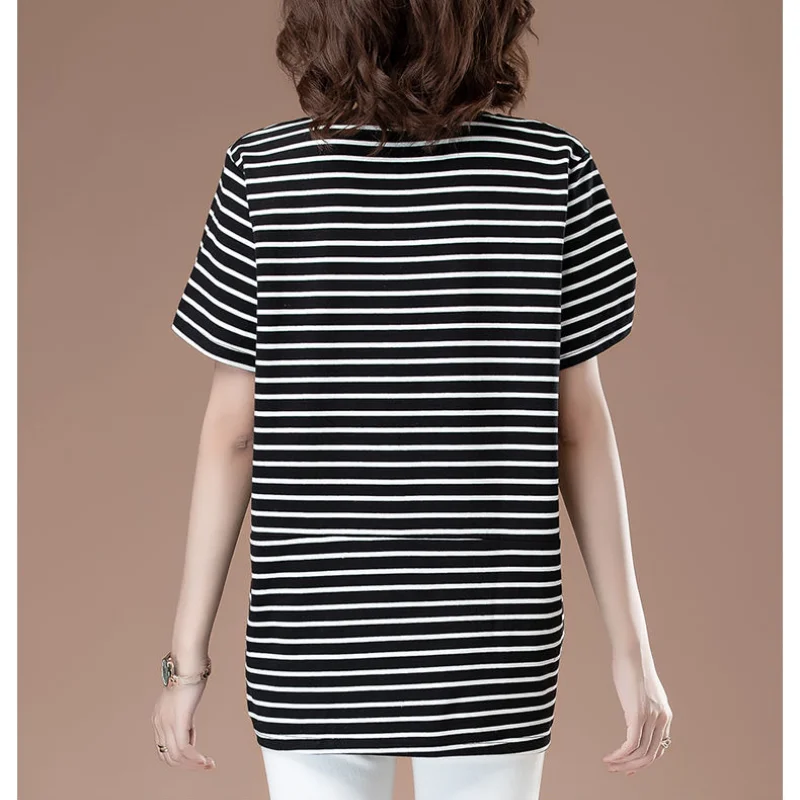 Summer New Trendy Stripe Short Sleeve T-shirt Women Patchwork Pocket Casual Versatile Commuter Korean Round Neck Loose Tops 2023