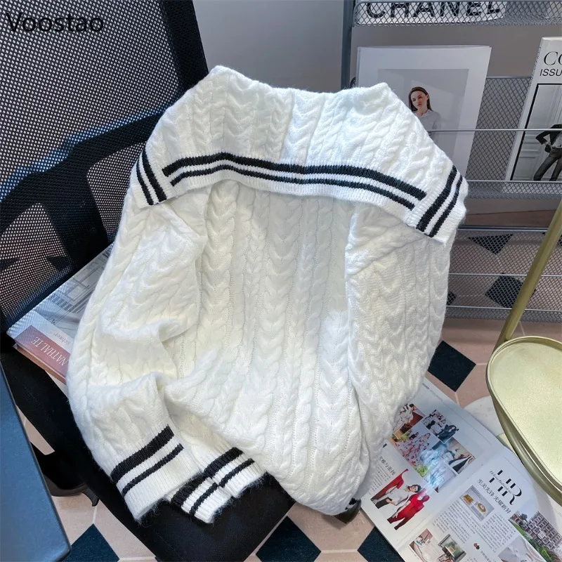 Autumn Winter Preppy Style Knitted Pullover Coat Women Sweet Sailor Collar Bow JK Sweaters Vintage Y2k Warm Jumper Knitwear Tops