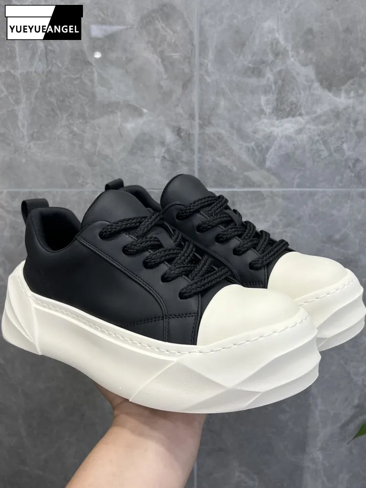 

Youth Men Solid Color Cowhide Lace-Up Casual Shoes Round Toe Platform Height Increase Fashion Male Genuine Leather Footwear