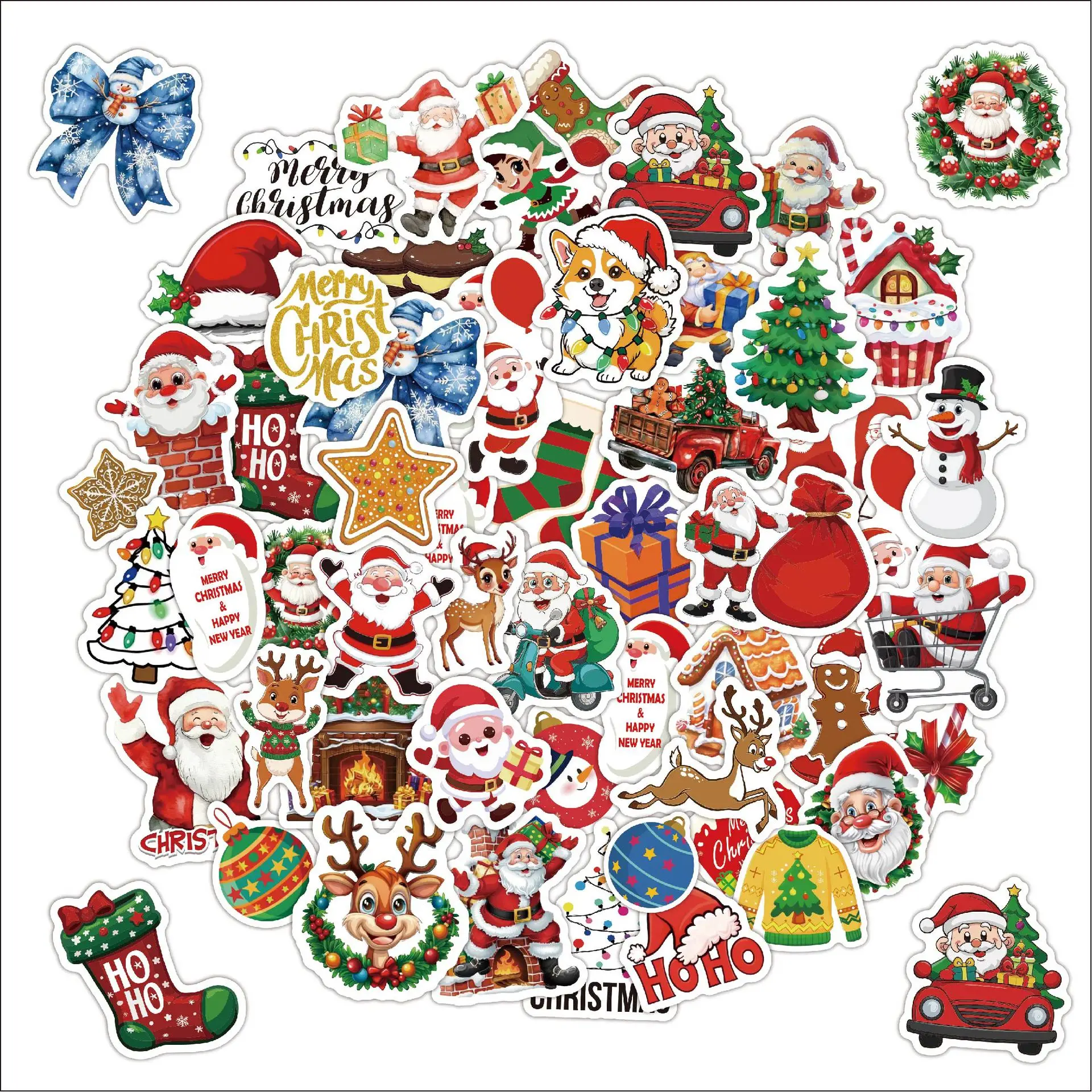 50 PCS Christmas Cartoon Cute Doodle Stickers Santa Claus Holiday Decoration Notebook Waterproof Sticker for Kids