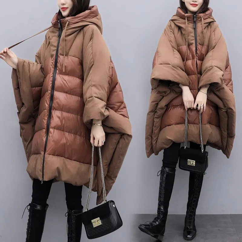 2023 New Winter Brown Fashion Loose Bat Sleeve Cloak Coat Women\'s Thickened Hooded Down Jacket Female Warm Parkas Overcoat