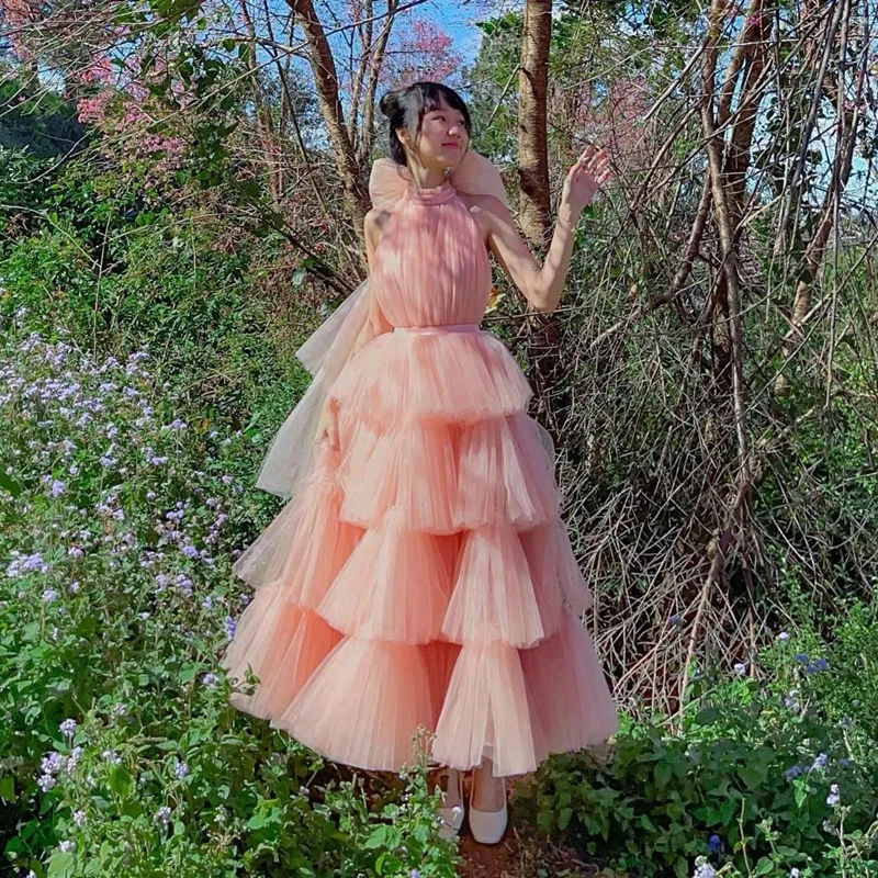 Sweet Nude Pink Tulle Summer Dresses Pretty Halter Bow Mesh A Line Formal Party Dress Sexy Backless Puffy Ruffles Prom Gowns