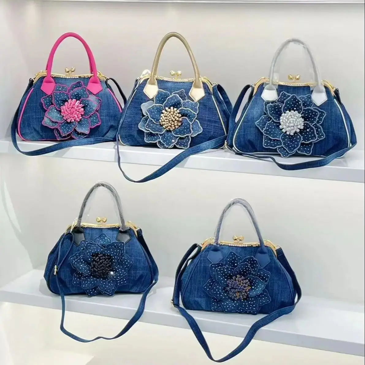 High-end 2025 New Flower-Patterned Women's Single-Shoulder Crossbody Bag, European and American Denim Casual Handbag