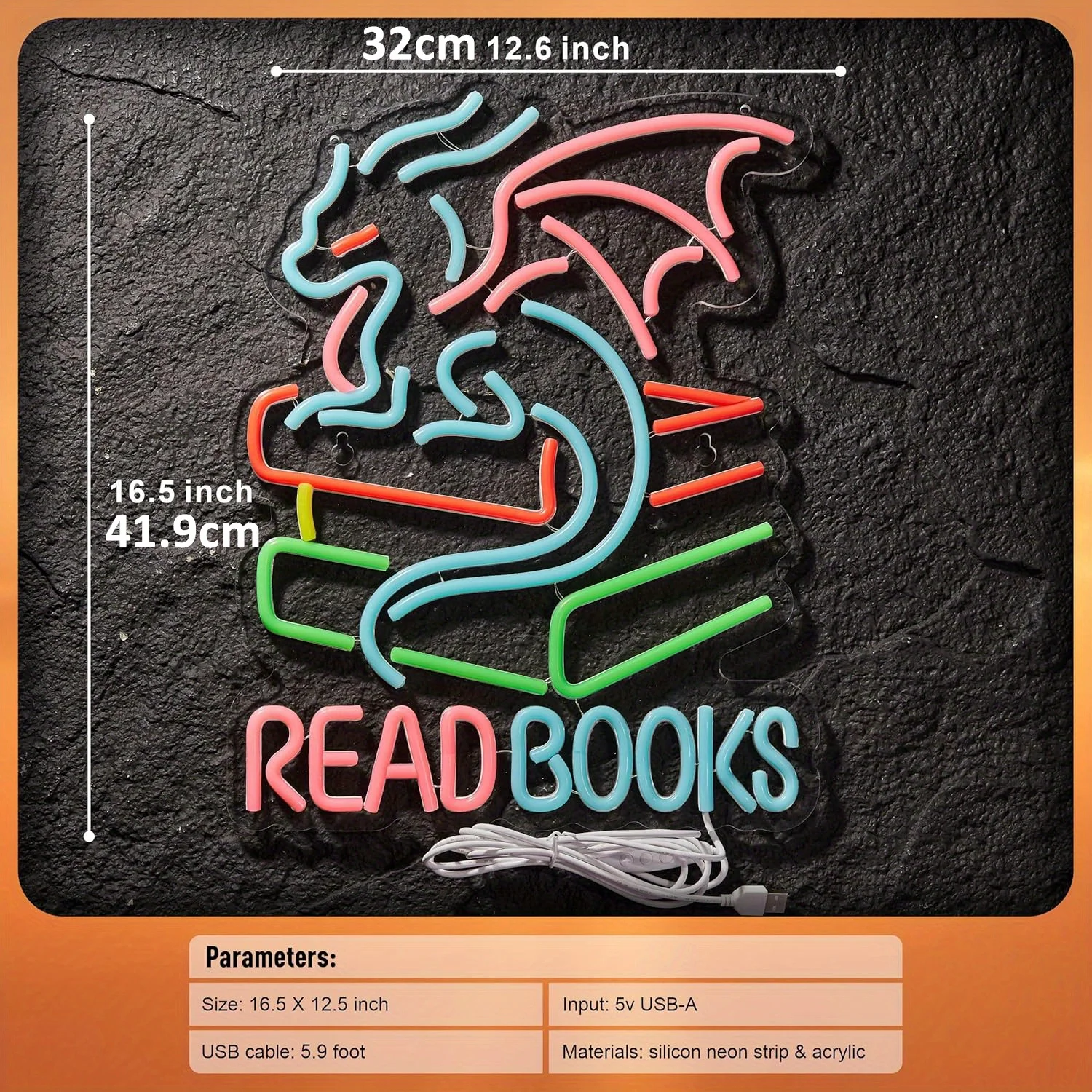 Read Books neon light, 5V USB powered, for wall decoration, suitable for study, library or reading corner