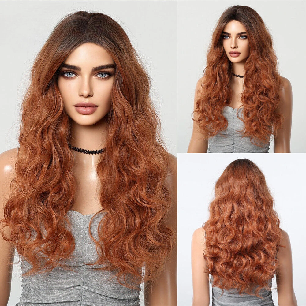 ALAN EATON Ombre Auburn Brown Synthetic Wigs Long Curly Wigs with Bang for Women