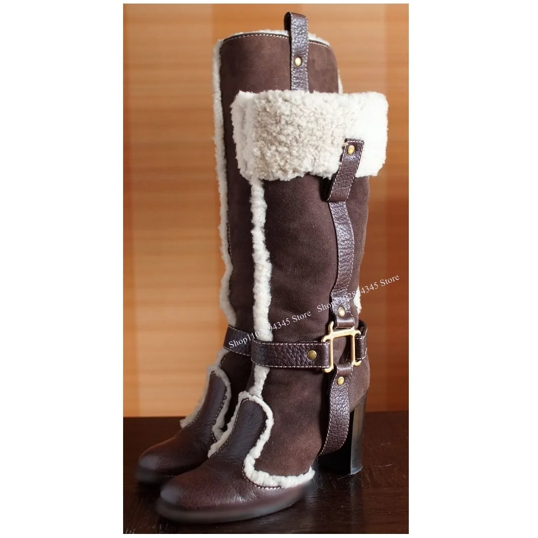 

Brown Fur Patchwork Knee High Boots Thin High Heel Round Toe Fashionable Sexy Cool Western Winter Woman Shoes Zapatilla Mujer