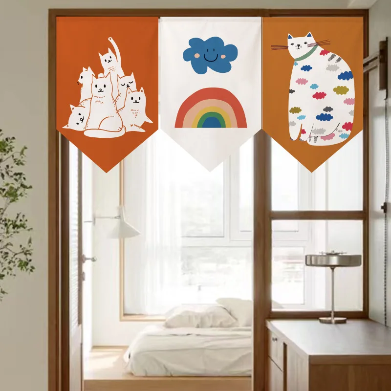 VIKAMA Cartoon Stacked Cats Triangle Valance Curtain, Cute White Cat Group Print Fabric Pennant Curtain for Kitchen Decor
