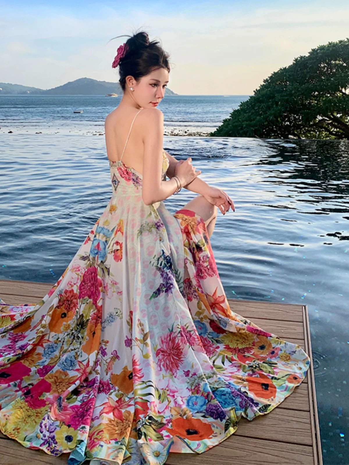 Długa spódnica maxi w stylu plażowym i kwiatowym, z wysokim stanem, szyfonowa sukienka na ramiączkach, letnia sukienka wakacyjna, wzór A-line.