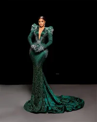 Hunter Green Mermaid Prom Dress Deep V Neck Full Crystals Rhinestones Evening Gowns Long Sleeve Luxury Celebrity Dresses Couture