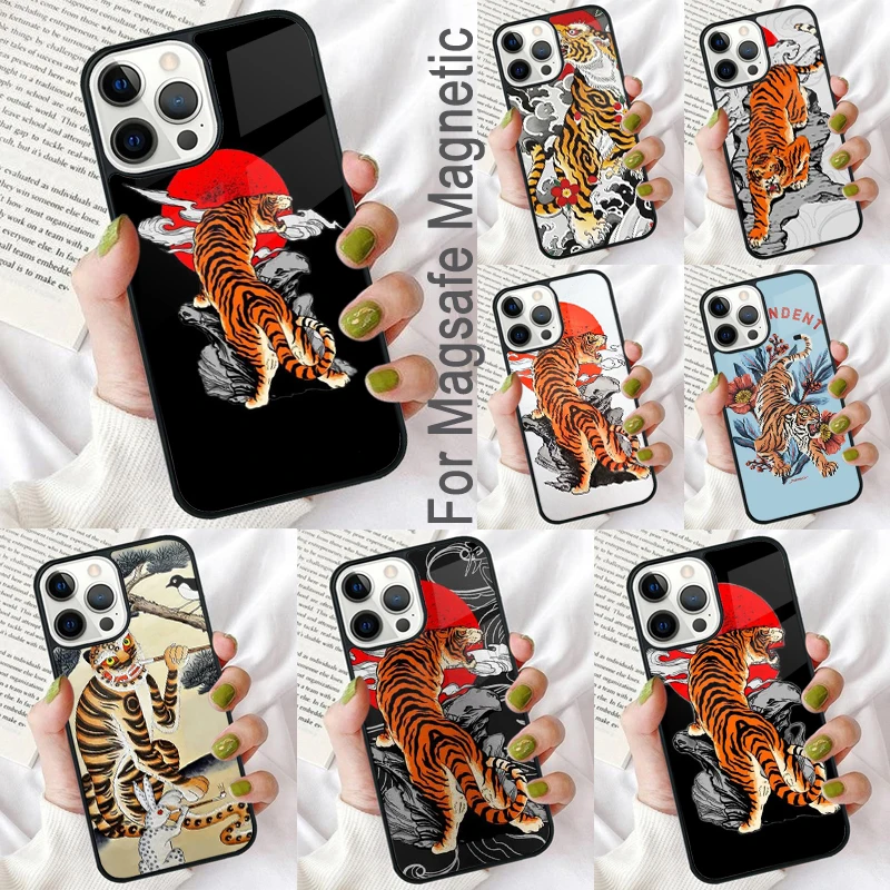 Tiger Red Sun Japan Art Magnetic Soft Phone Case for iPhone 16 Promax 15 Pro 13 14 Plus 11 12 Mini MagSafe Coque