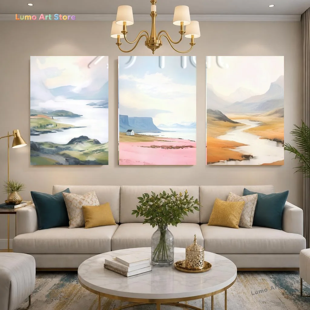 2D Flat, 3pcs Modern Watercolor Landscape Wall Art, Frameless Print of Mountain Lake Cabin River Scene, Minimalist Home Decor