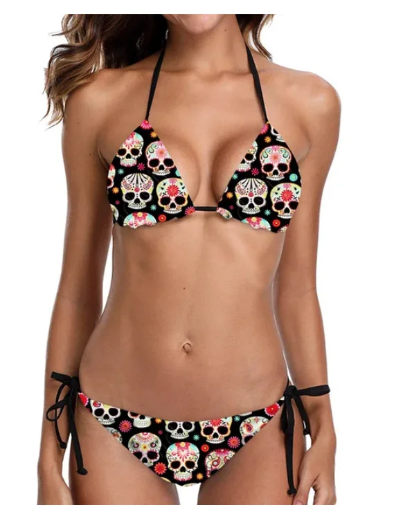 

New Fashion Skull 3D Printing Swimsuit Women Sexy Two Pieces Low Waist Halter Bathing Suits Beach Bikini Surprise Gift Sexy