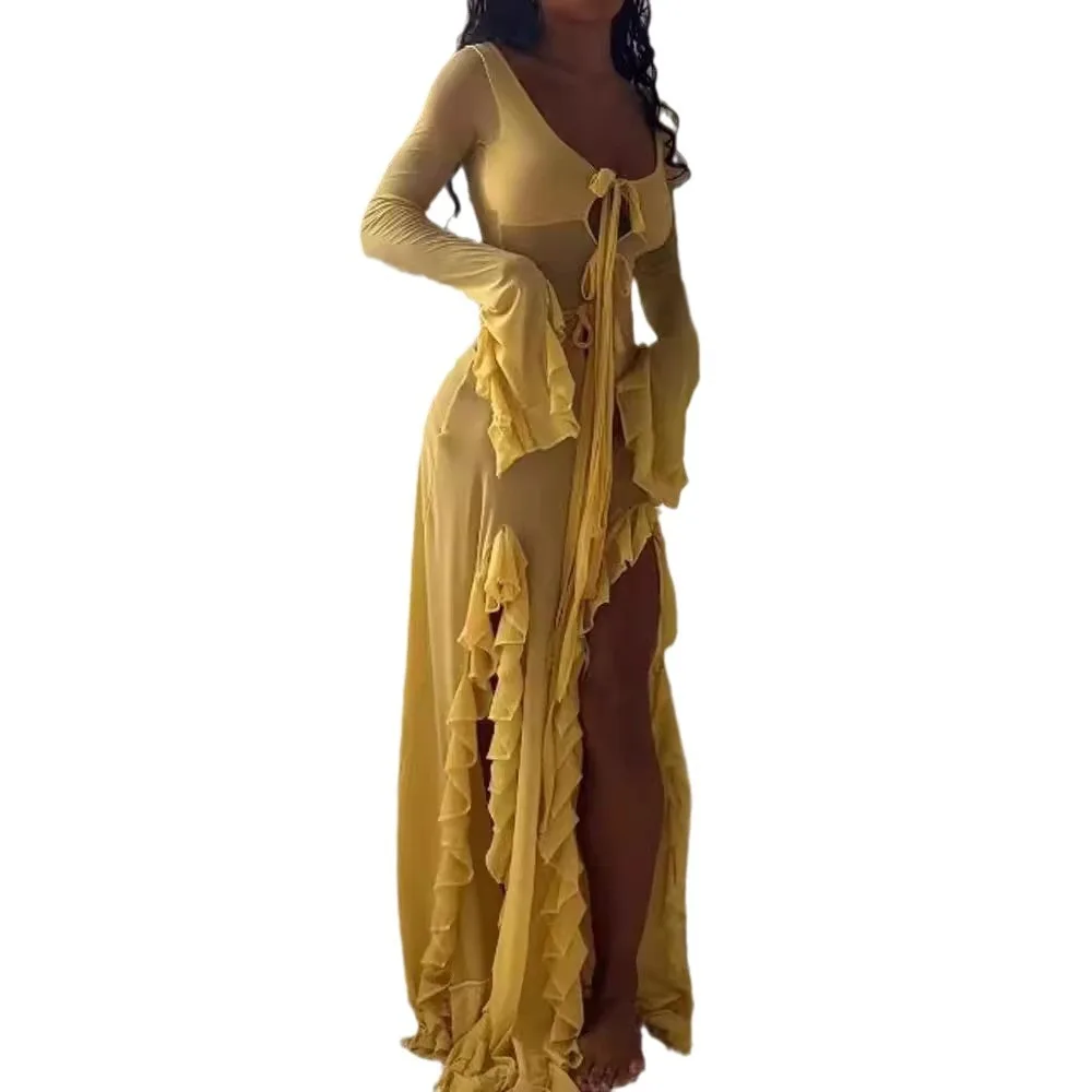 ثلاثة الأخوات صيف جديد مثير أنيق حفلة عيد ميلاد حفلة موسيقية ملهى ليلي امرأة الملابس بلون سليم صالح فستان بأكمام طويلة