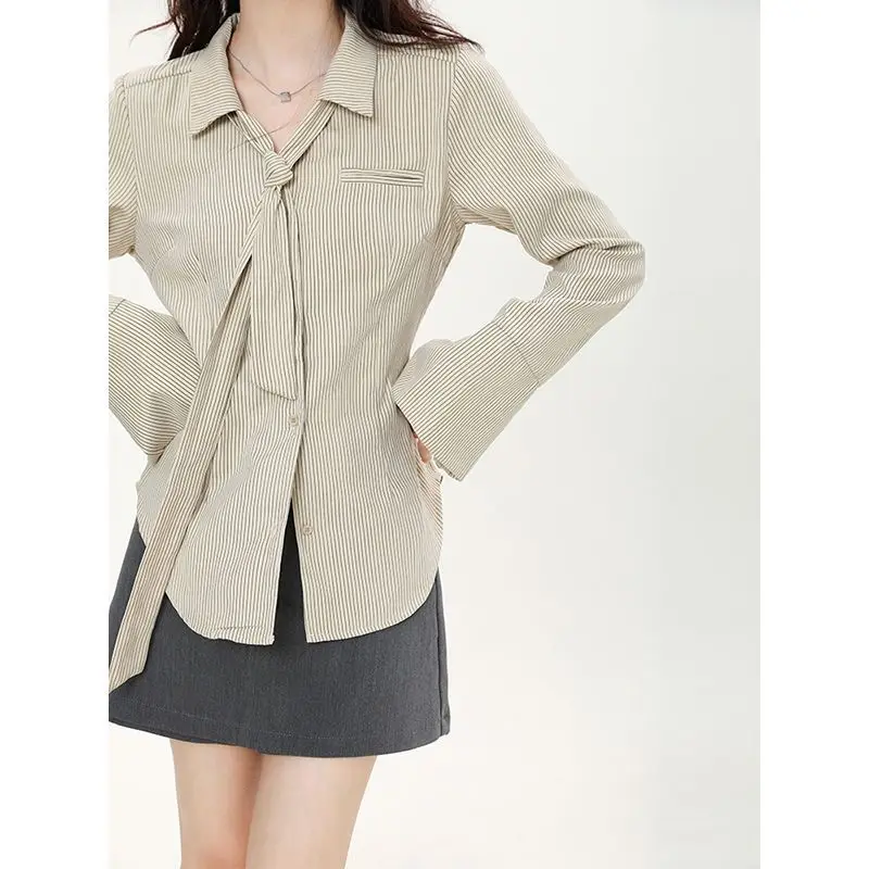 

Long Sleeve Striped Youth All-match Korean Blouse Spring Autumn New Polo Neck Fashion Shirt Tops Sweet Elegant Women Clothing