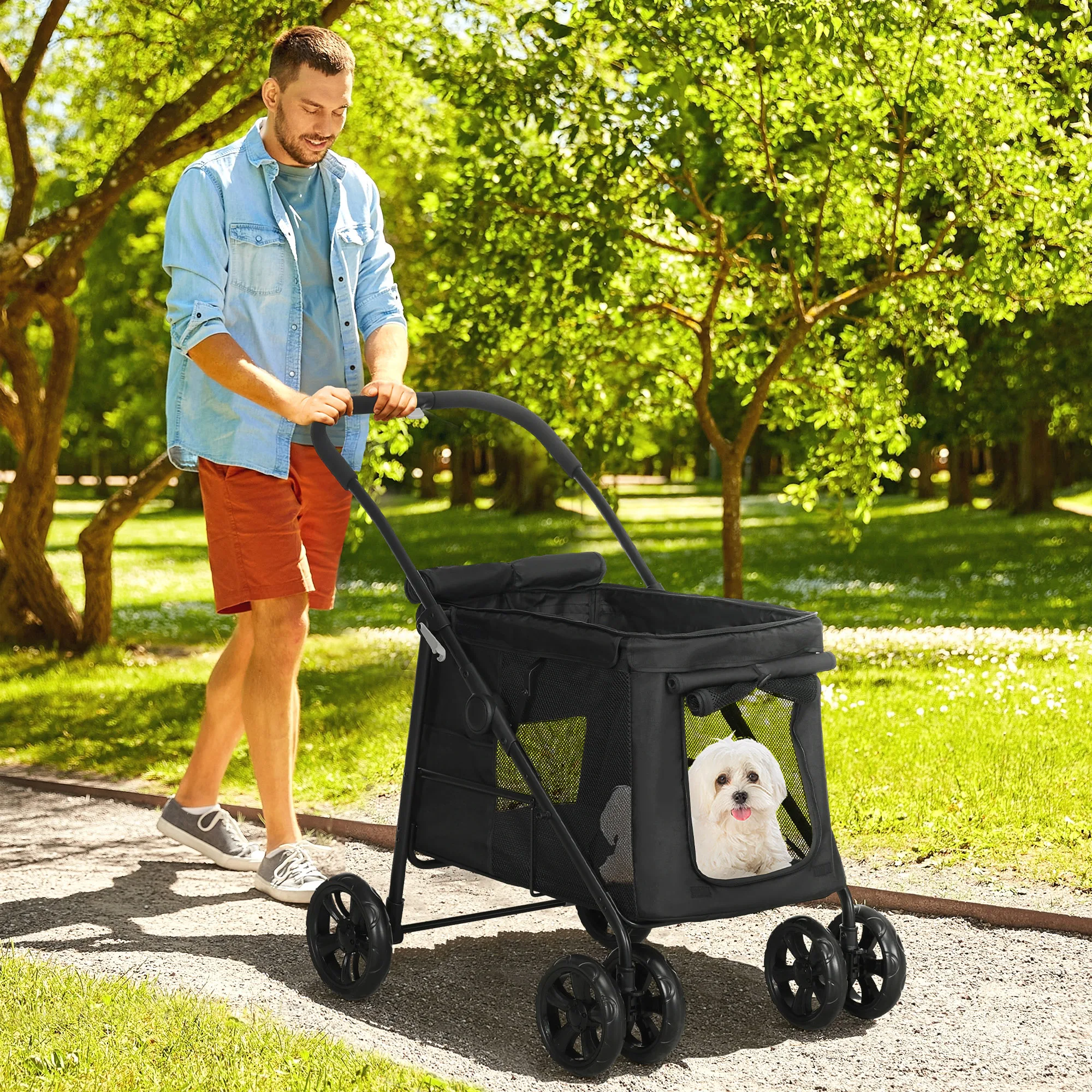 Poussette pliable pour chien avec poches latérales et fenêtre en maille pour chiens de petite et moyenne taille jusqu'à 20 kg, tissu Oxford, noir