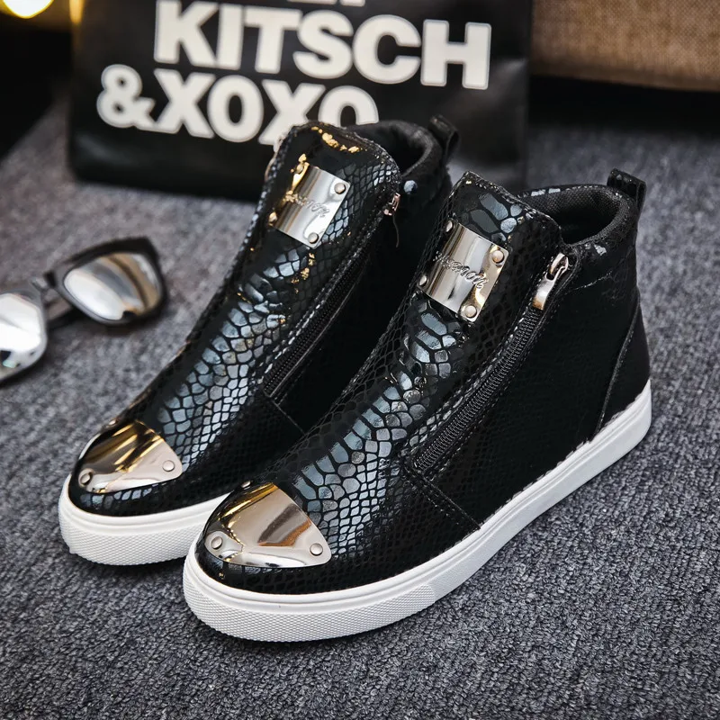 Classic Black Male Sneakers Crocodile Leather Men\'s High Top Sneakers Trendy Zip Mens Vulcanized Sneakers Zapatillas De Hombre