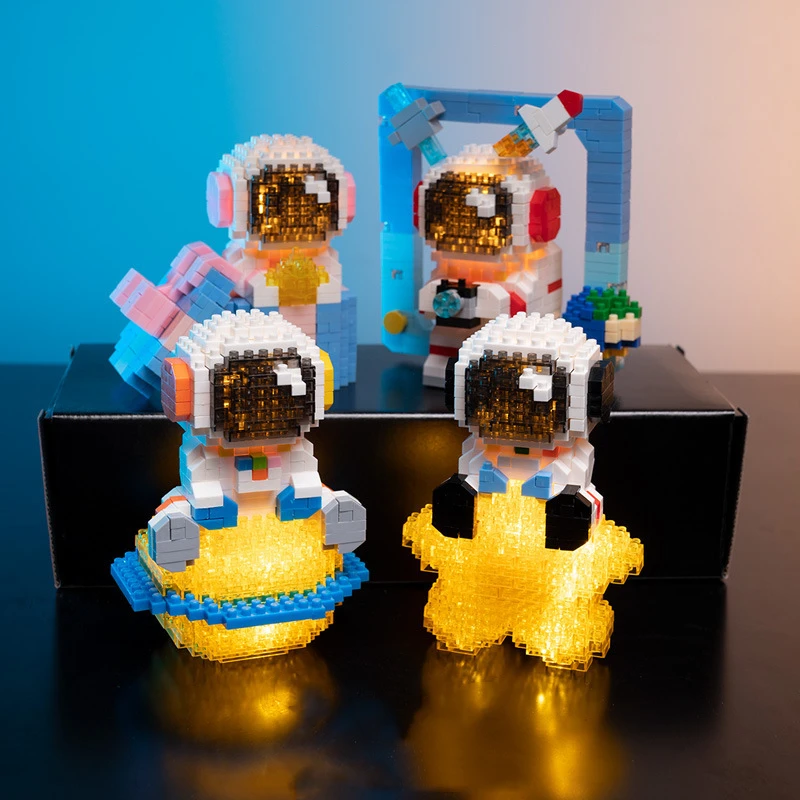 Bloques de construcción de micropartículas para niños, figura de astronauta brillante aeroespacial espacial creativo con luz, juego de ladrillos DIY, juguetes para regalo