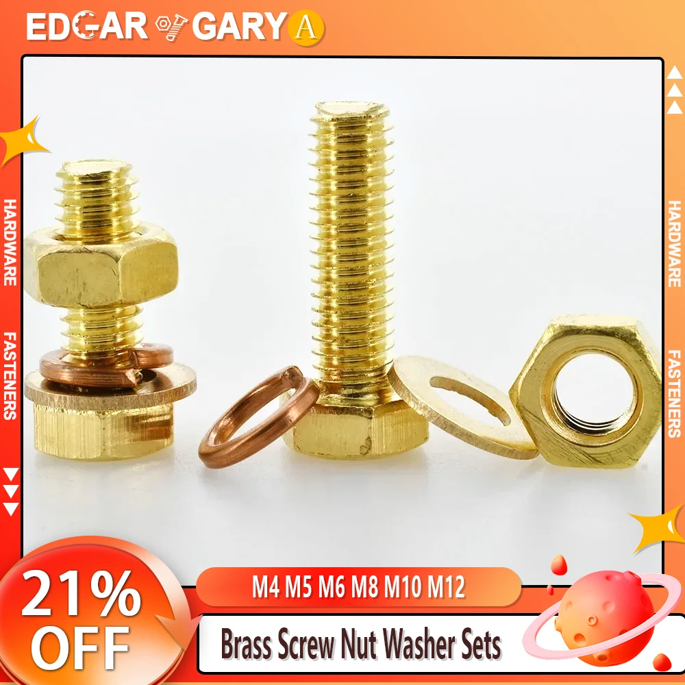 M4 M5 M6 M8 M10 M12 Brass Screw Nut Sets Hex Bolt Washer External Elastic Gasket Nut Kit Metric Thread Copper Screws Spacers