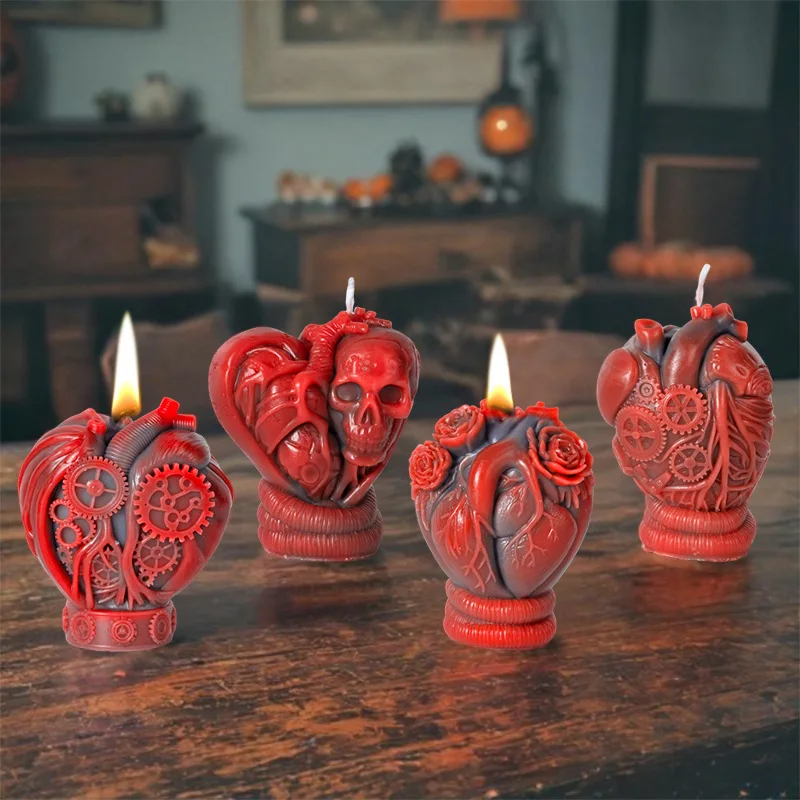 3D Mechanical Heart Shape Aroma Candle Mold Skull Halloween Creative Silicone Mold for Soap Making Supplies Halloween Decor