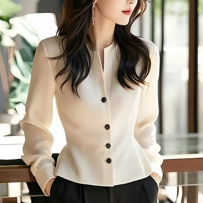 White Waist Pinching Long Sleeved Shirt Cool Unique Korean Style Solid Color Early Autumn New Women\'s Clothing Blouses Shirts