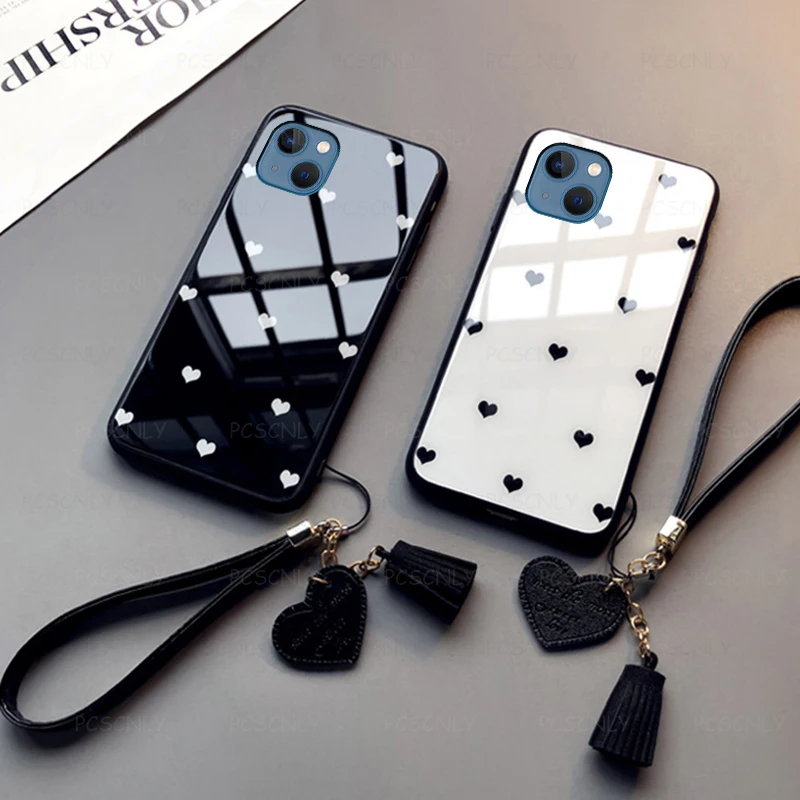 For iPhone 16 16PLUS 16PRO 16PROMAX Case small Love Heart Hard Glass Cover Give Strap Coque