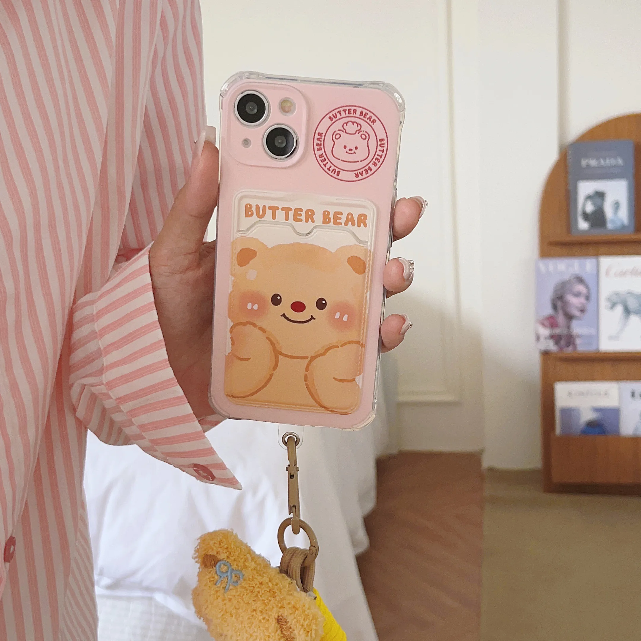 Butter Bear Card Bag Shockproof Phone Case For iPhone 15 11 12 13 14 Pro Max Doll Bear Phone Strap Phone Lanyard Protector