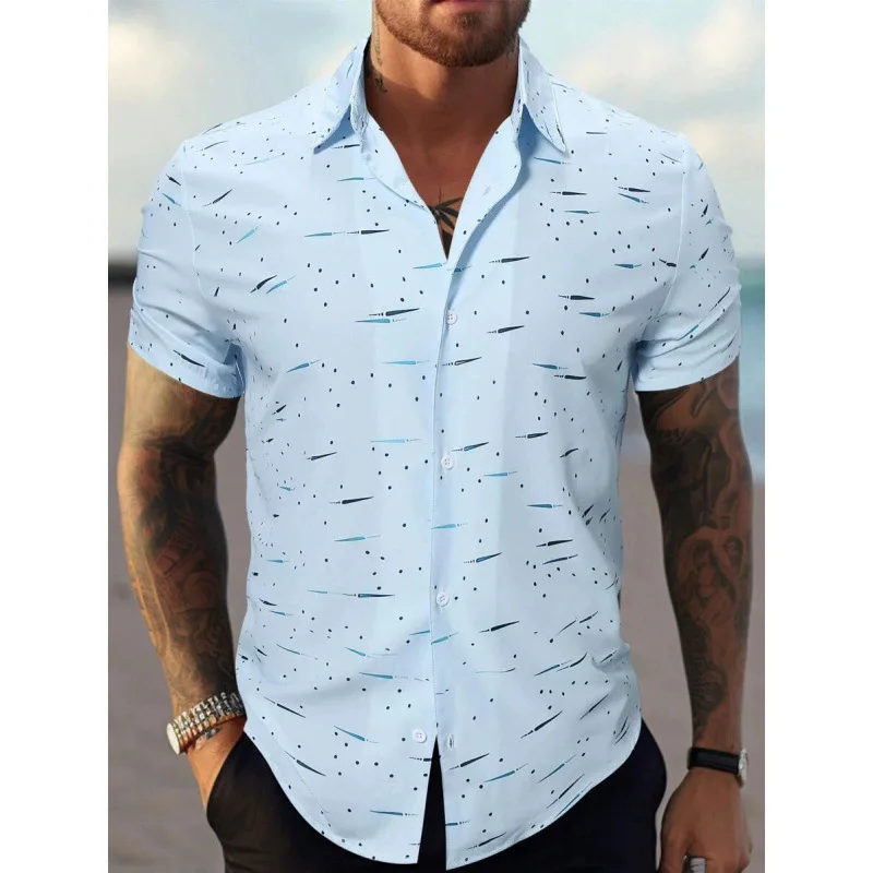 Commuting and Vacation Dual-use Refreshing Shirt with Minimalist and Fine Lines for Men's Summer Short Sleeved Top