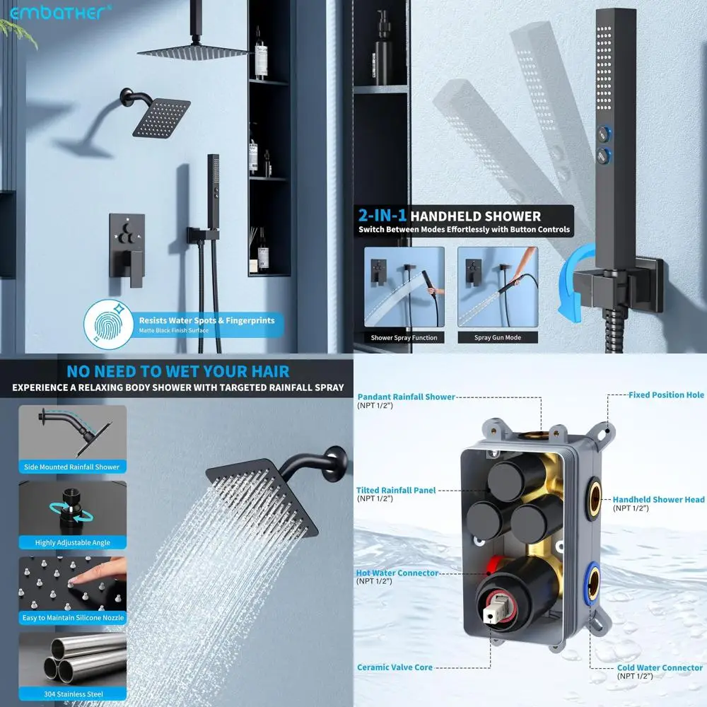 

Matte Black Dual Shower System with Push-Button Diverter, Rainfall Ceiling Mount & 10 Head, 6 Wall Mount for Couples