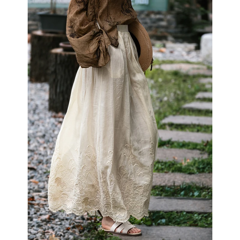 26 New Arrival Summer Women Casual Loose Good Quality Elastic Waist A-line Skirt Embroidery 100% Ramie Ankle-length Skirts T377