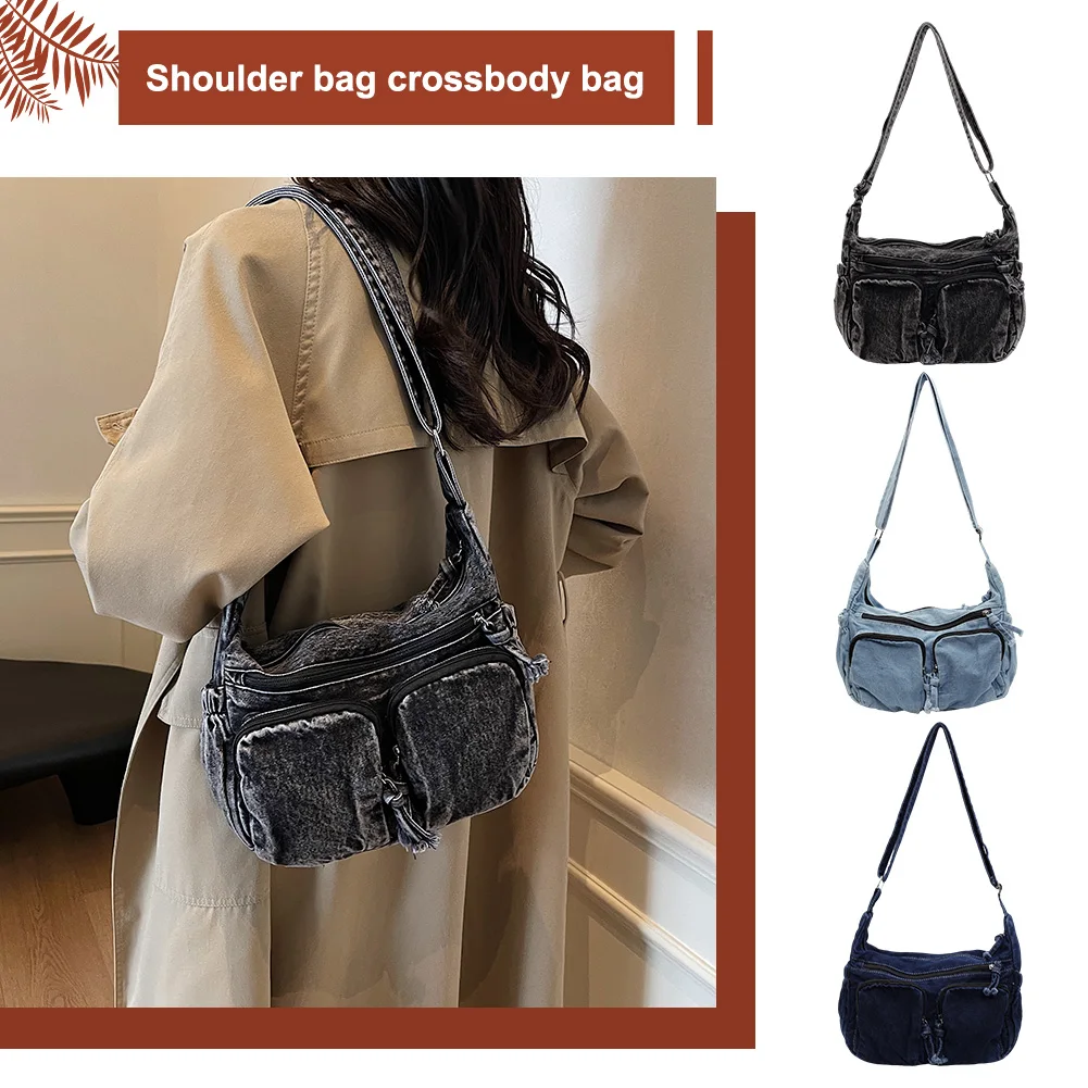 

Denim Shoulder Bag Casual Retro Messenger Bag Large Handbag Jean Purses for Women Work Shopping Travel