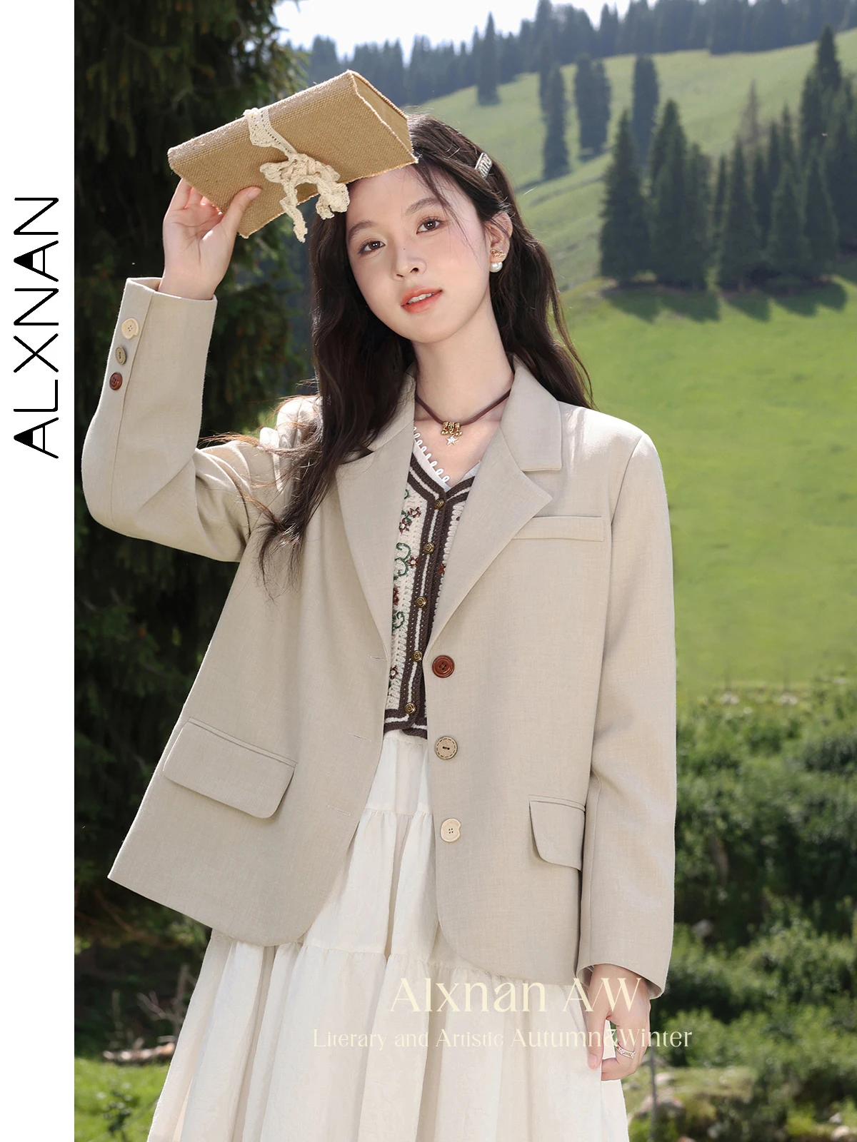 

ALXNAN Women's Oat Color Blazer Simple Suit Collar Single Breasted Long Sleeve 2024 Autumn Winter Lady Classic Outerwear L39329