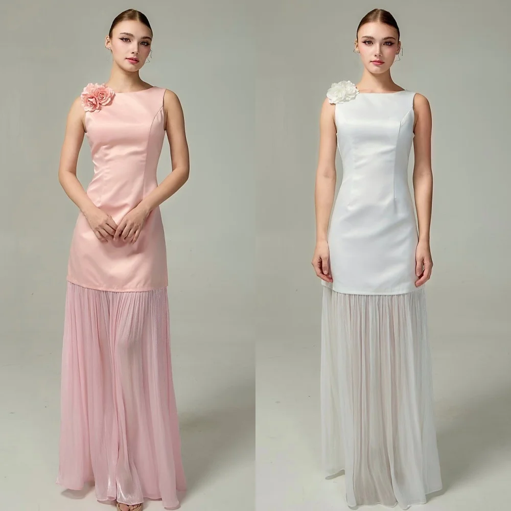 

Customized Matching Sexy Handmade Flower Pleat A-line Scoop Neck Long Dresses Bespoke Occasion Dresses Sizes Available Fashion