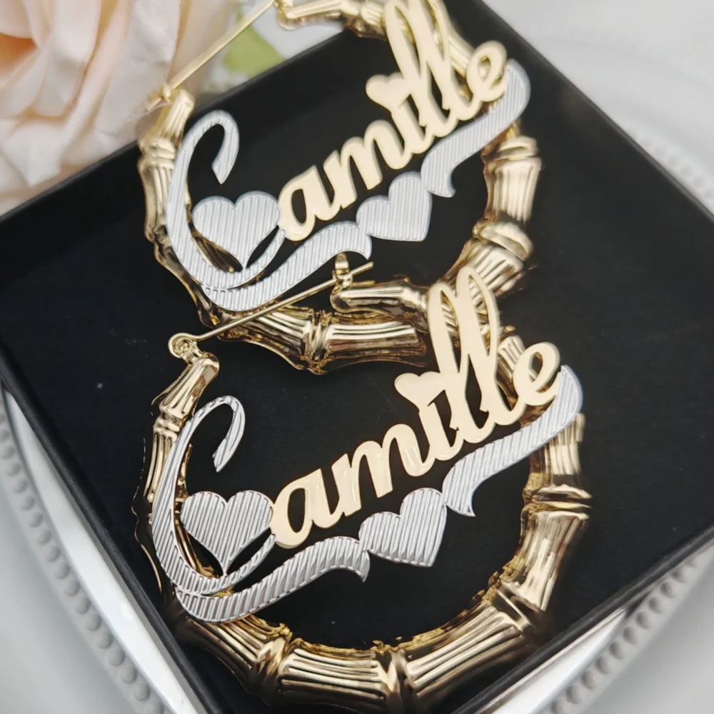 

LeeChee Two Color Tone 3D Twist Hoop Custom Name Bamboo Earrings Sexy Stainless Steel Earloop Personalized Anniversary Gift