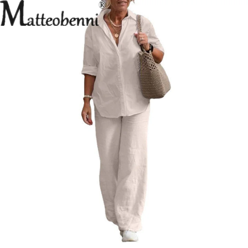 Women's Commuter Two Piece Suits Spring Autumn Long Sleeves Lapel Shirt Wide Leg Pants Daily Casual Cotton Linen Female Sets 5XL