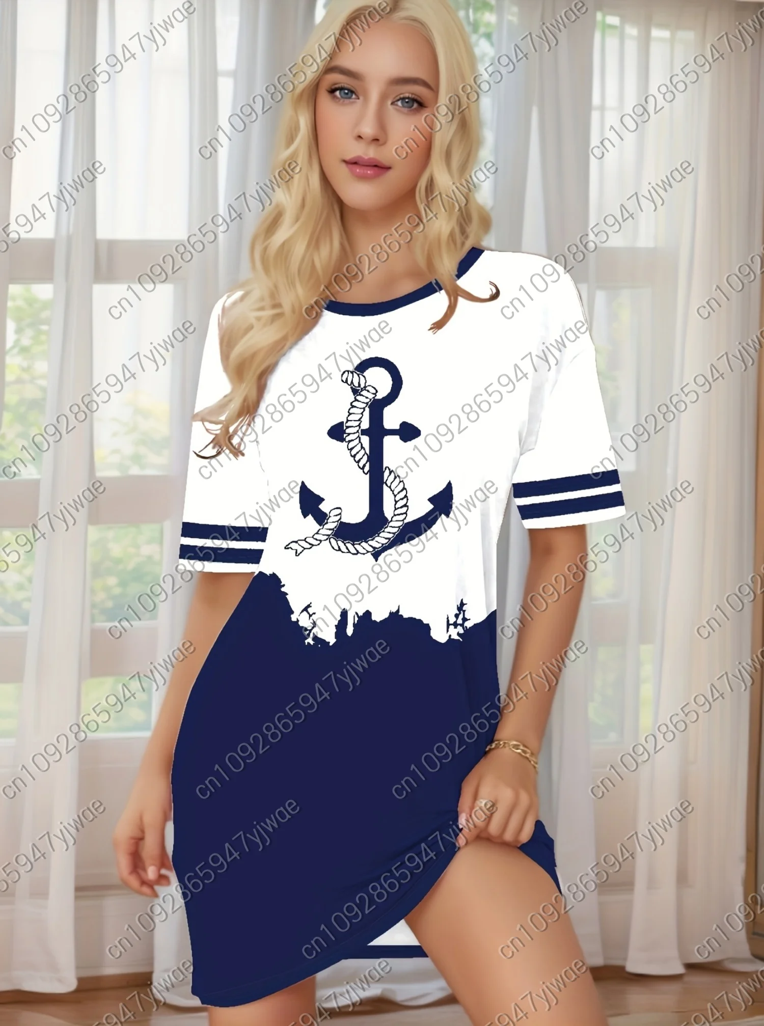 ชุดเดรสเสื้อยืดพิมพ์ลายสมอเรือ 3 มิติสำหรับผู้หญิง ฤดูร้อน 2025 ทรงหลวม สบายๆ คอกลม แขนสั้น เสื้อผ้าผู้หญิง