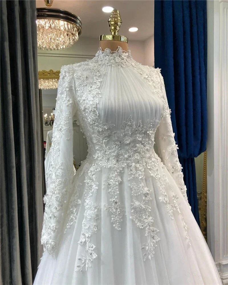 Elegant Muslim Wedding Dress for Bride WIth Appliques Flowers Arabic Dubai Long Sleeves Bridal Gown Tulle Robe De Mariage image 3